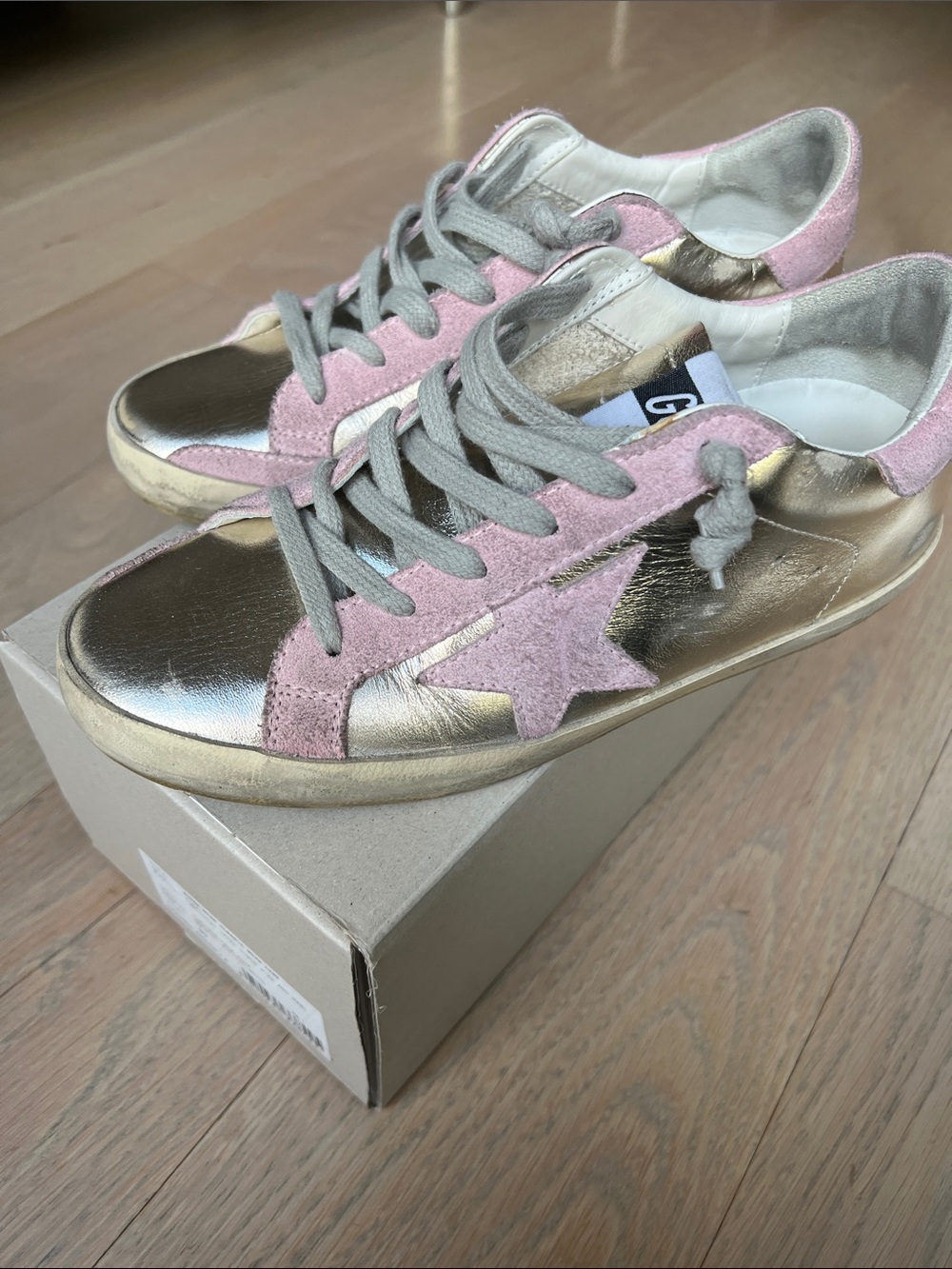Golden Goose Pink Suede Star & Metallic Gold Low-Top Sneakers